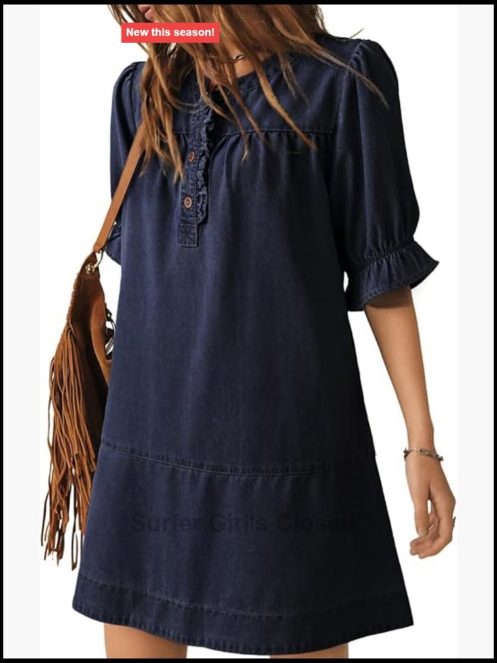 Women's Denim Dress Ruffle Short Sleeve Button Cowgirl Jean Dress
